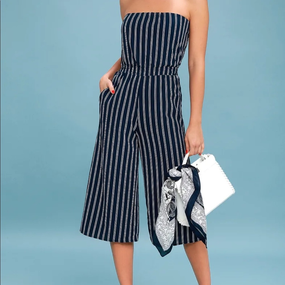 Lulus Saltwater and Sun Navy Blue Striped Strapless Midi Jumpsuit - Picture 7 of 8